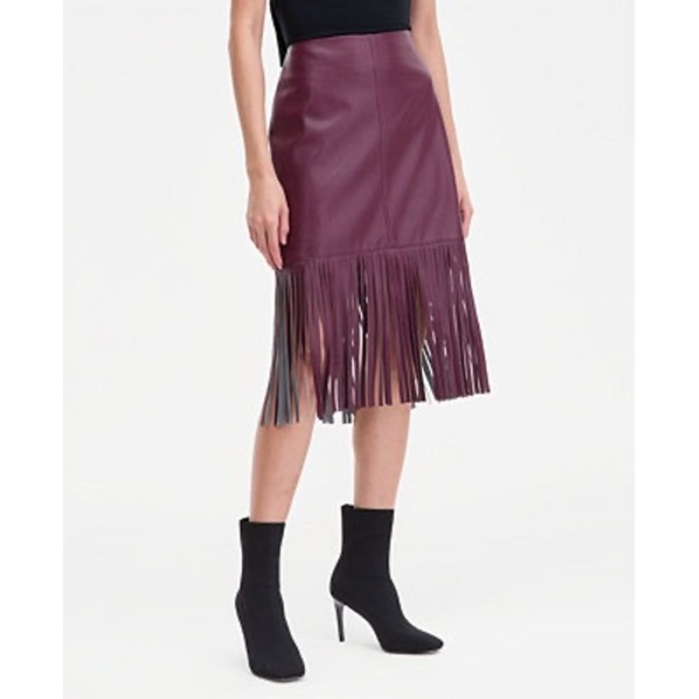 INC Faux Leather Fringe Midi Skirt Womens 14 Burgundy Western Boho Statement